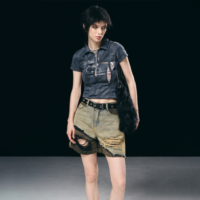 双层手工破坏印花洗水重工短袖