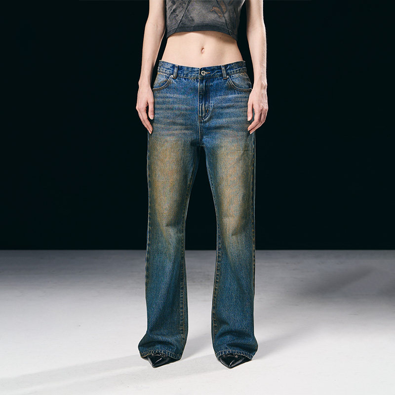 泥染水洗做旧微喇裤2023