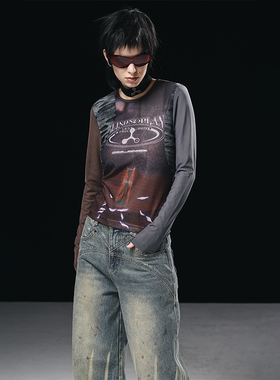 BORON ATOMS 原创设计感拼接网纱印花圆领长袖T恤修身时尚上衣