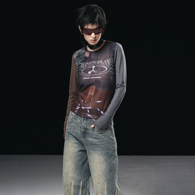 拼接网纱印花圆领长袖T