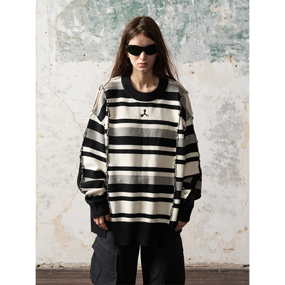 BORON ATOMS 切割重组错位条纹拼接刺绣毛衣