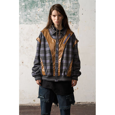 BORON ATOMS  复古格纹皮质撞色拼接夹克外套