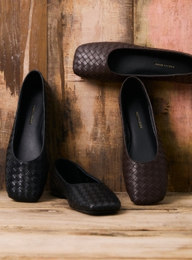 PrettyRiver原创手工编织牛皮平底鞋玛丽珍芭蕾鞋软底浅口单鞋女