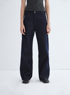 PrettyRiver经典丹宁原色斜裁不褪色微喇显瘦阔腿A字深蓝牛仔裤女