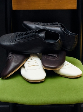 PrettyRiver复古方头薄底德训鞋女极简高级感牛皮植鞣阿甘休闲鞋