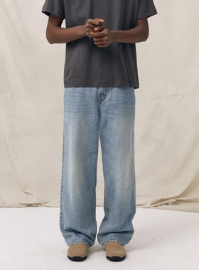 PrettyRiver冰蓝洗水直筒牛仔裤男士夏季浅色宽松阔腿美式长裤