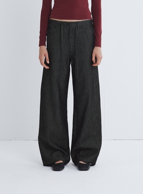 PrettyRiver复古黑松紧抽绳设计宽松休闲直筒阔腿牛仔裤女拖地裤