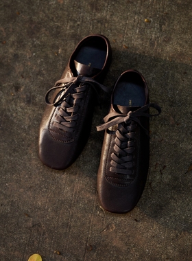 PrettyRiver复古棕色方头薄底德训鞋女英伦极简阿甘训练休闲鞋女