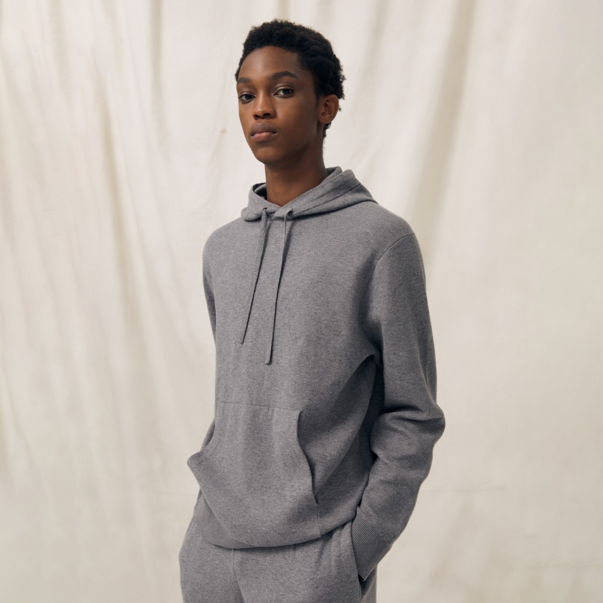 PrettyRiver羊毛混纺连帽卫衣灰色男款套头长袖上衣重羊绒