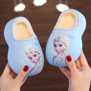 迪士尼艾莎公主女童棉拖鞋冬季防水毛拖鞋卡通亲子小女孩儿童拖鞋