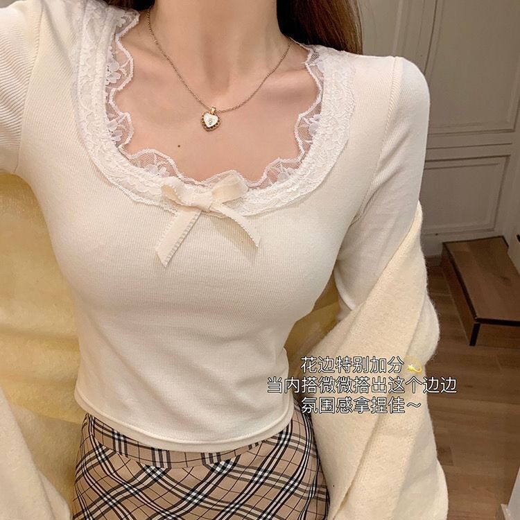 加厚小众结蕾丝领长袖女bm修身百搭带胸垫双面磨毛保暖打底衫
