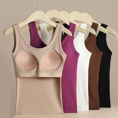 纯棉吊带背心带胸垫一体式固定杯