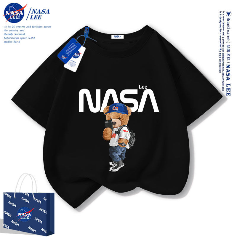 NASA 공동 부모와 자식 여름복 2024 새로운 모녀 모자 반팔 티셔츠 3 4인 가족복