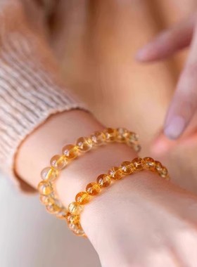 黄水晶手链聚财转运发晶手串高级感冰透玉石单圈黄色串珠盏黄