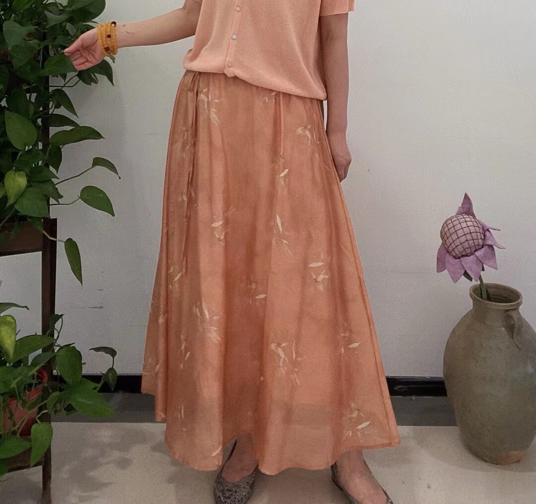 瓷语天丝印花半身裙夏季新款文艺天丝亚麻半裙修身飘逸a字大摆裙
