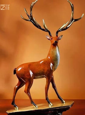 铜之祥铜摆件《一鹿高升》福寿有鹿客厅办公桌中式艺术创意家居装