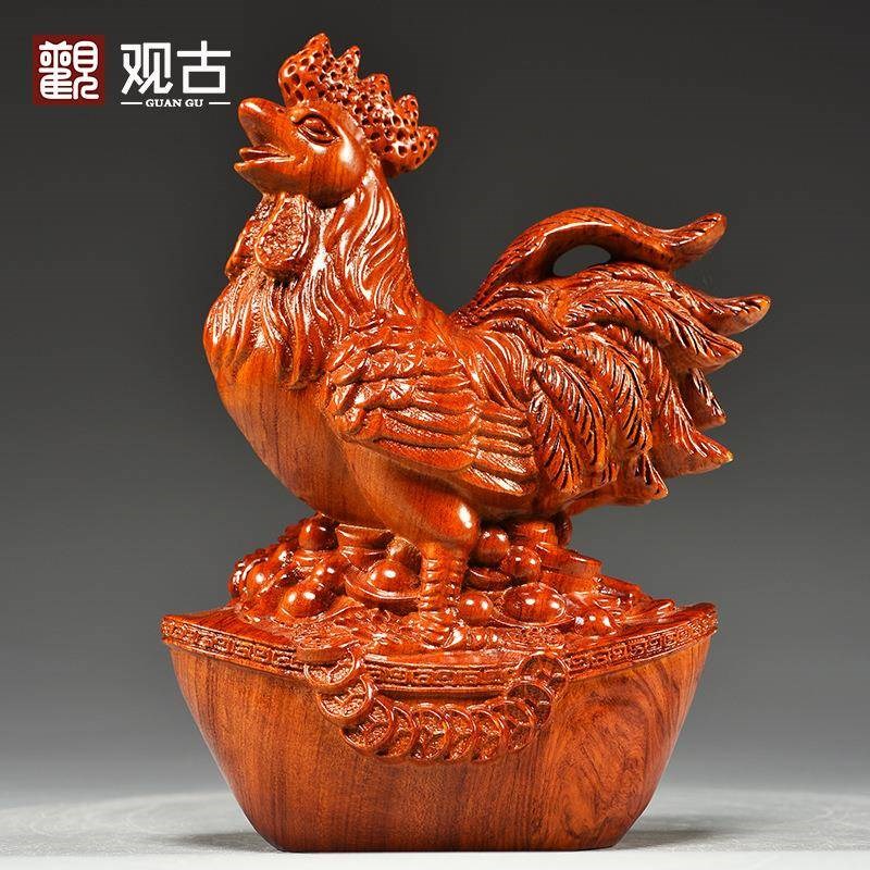 花梨木雕鸡摆件三合十二生肖实木鸡家居客厅办公装饰开业乔迁现货