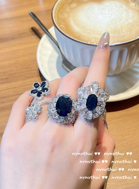 复古超闪璀璨深海蓝旦形宝石戒指 气质年会镀金雪花锆石霜花女戒