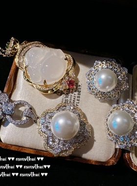 蕾丝蜂巢宝石珍珠水灵冰种人工玉髓项链富贵花朵气质宴会锆石耳环