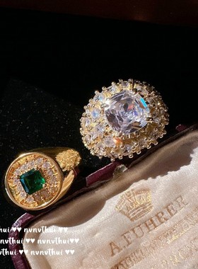 法拉赫气质弧形锆石戒指复古镀金凸圆形祖母绿指环百搭水滴开口戒