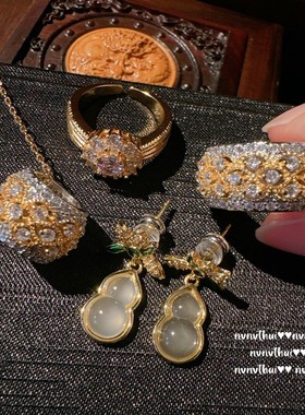 意大利复古极简蕾丝蜂巢戒指Vintage镀18K金气质花丝百搭锆石项链