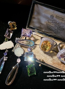 玛格丽特多彩水滴宝石镀金耳环轻奢超闪大克拉气质公主方锆石戒指