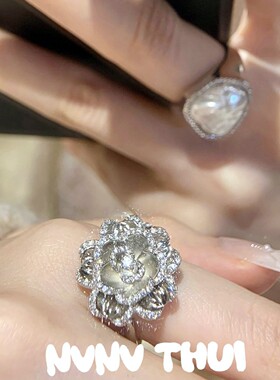 设计师款名媛轻奢澳白珍珠戒指 镀18K金立体山茶花拉丝镶钻女戒