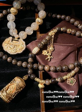 新中式古典美檀香金坨坨串珠项链 古董感镀18K金黄玉髓平安锁手链