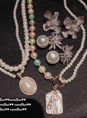 新款复古宫廷双层巴洛克贝珠项链 简约气质百搭鸢尾花锆石女耳环