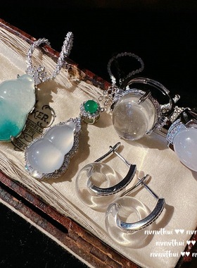 温润冰种白玉髓葫芦宝石镀金项链 荔枝冻气质人工玉髓平安扣耳环