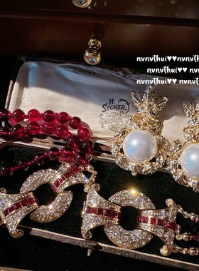 贵妇胭脂红玛瑙气质宴会宝石项链 复古镀18K金石榴锆石琉璃珠耳环