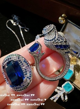 巴洛克个性高端鹦鹉蓝宝石轻奢戒指 气质18K金鸽子蛋锆石开口指环