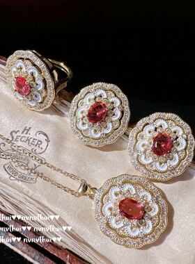 轻奢复古妖姬红宝石花盘镀金耳环 蕾丝蜂巢气质玫瑰花朵锆石项链