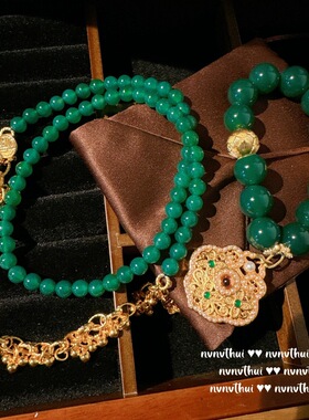 新中式人工绿玉髓镀金雕花平安锁手链 镀18K金绿玛瑙民族风手串女