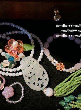 气质民族风荔枝冻人工粉玉髓项链 国风桃花玉牌花朵手链弹力戒指