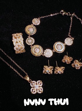 气质古法掐丝点钻金刚杵百搭项链 新中式十字花闪钻吊坠戒指 套装