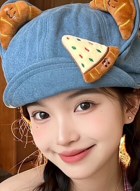 可爱牛角包猫耳贝雷帽女秋冬季个性卡通牛仔大头围八角帽显脸小