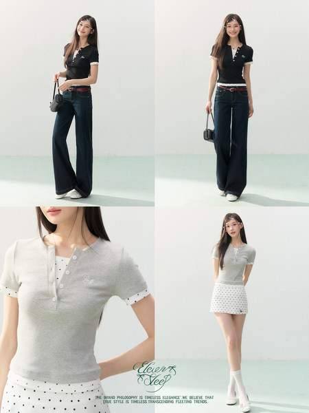 Collage of a woman modeling fitted short-sleeve henley tops in black and gray with polka-dot trim