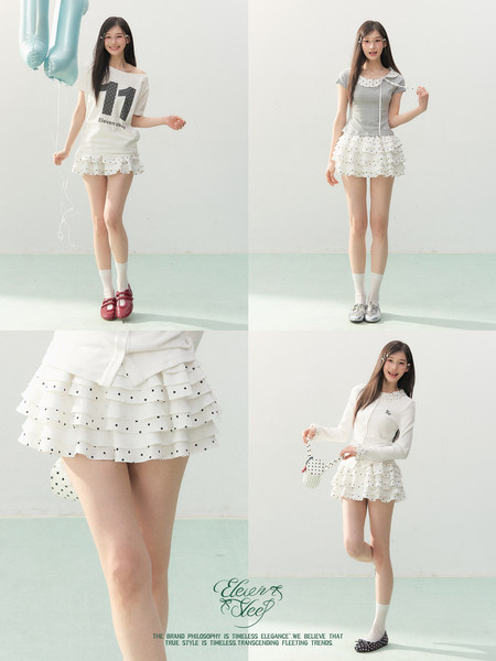Collage of a model wearing a white and gray layered polka-dot skirt outfit