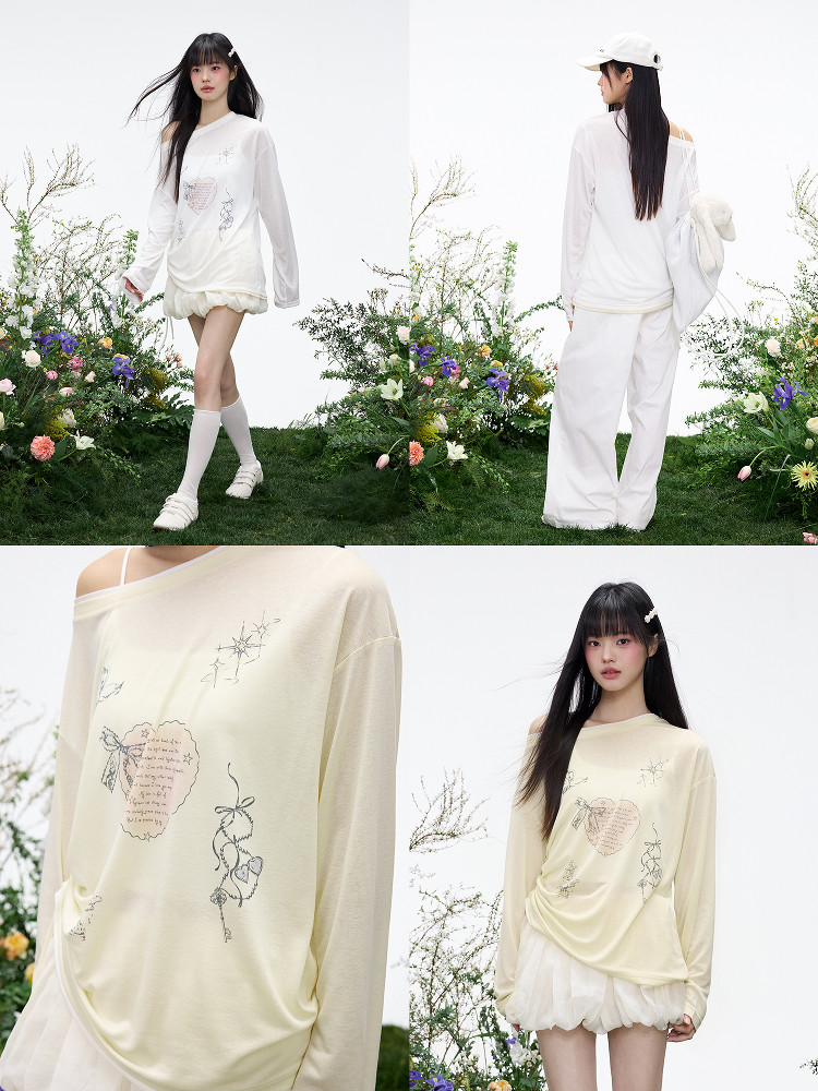 Model wearing a cream long-sleeve graphic top shown from multiple angles with a close-up detail