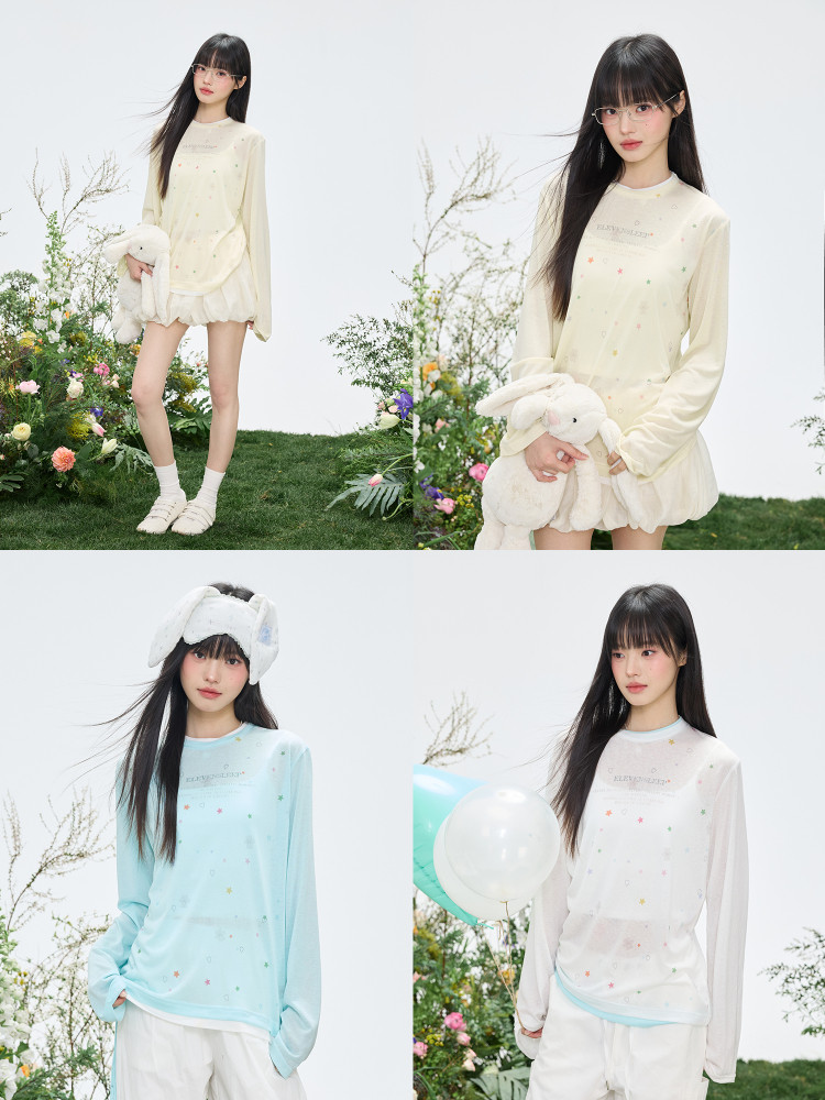 Pastel long-sleeve lounge tops worn by a model in multiple colors