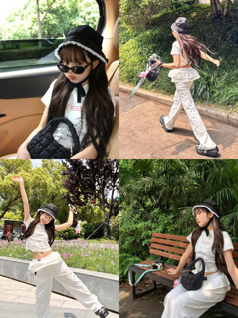 Collage of a young woman wearing a white outfit with a black bucket hat, sunglasses, and black bag outdoors