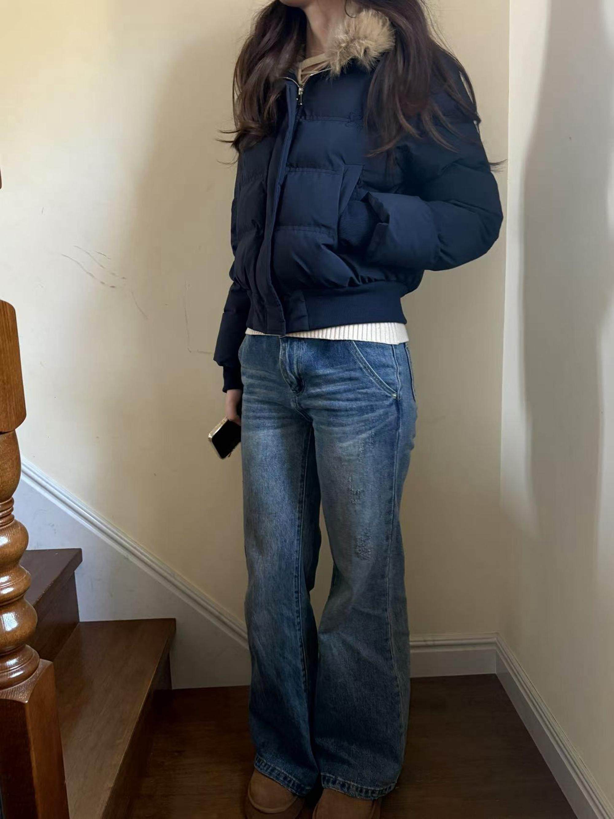 Winter Navy Blue Hooded Fur Collar Cotton Jacket for Women, Stylish, Warm, Thickened, Vintage Coat