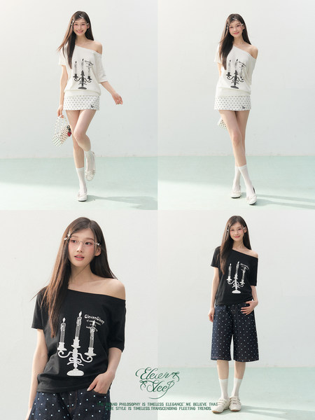 Model wearing an off-shoulder graphic T-shirt with polka-dot shorts in black and white variants