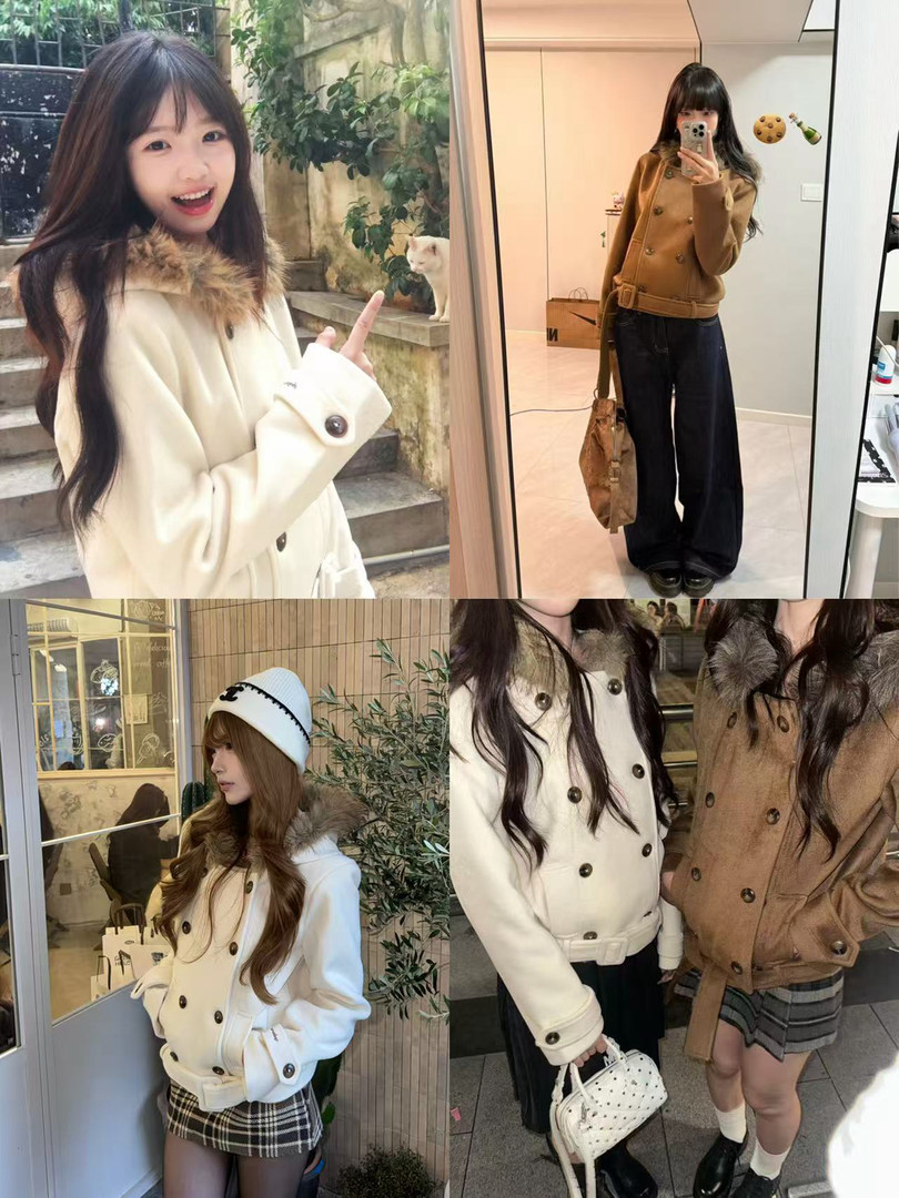 Collage of women wearing a double-breasted faux-fur collar winter coat in cream and brown