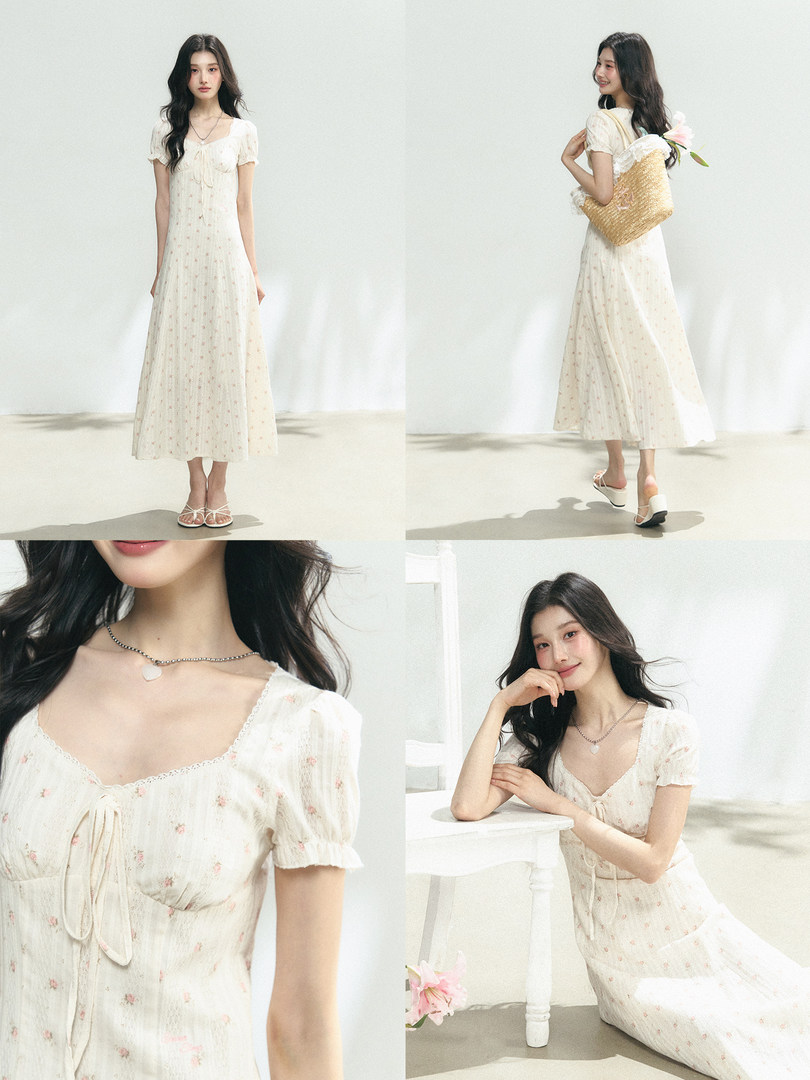 Cream floral midi dress worn by a model