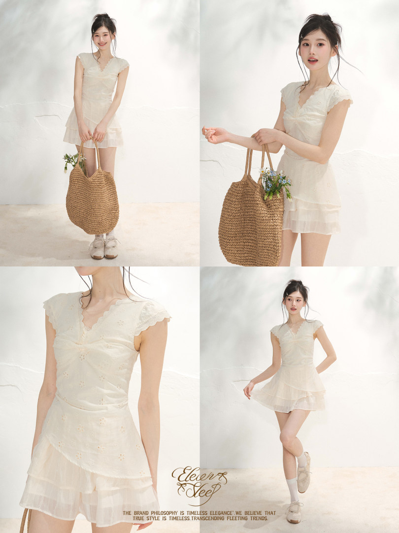 Model wearing a light cream sleeveless ruffled mini dress