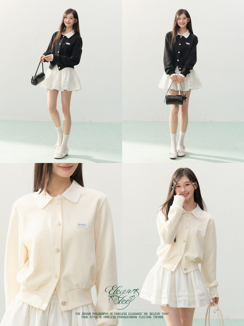 Model wearing a black button-up cardigan with a white collar and a cream pleated skirt, with close-up product views