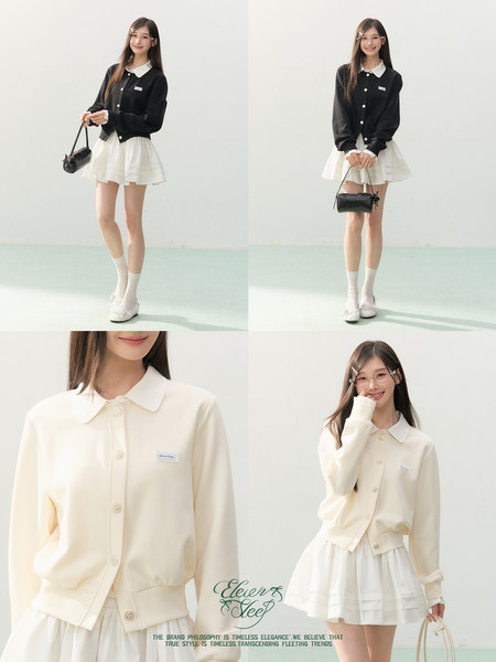 Model wearing a black button-up cardigan with a white collar and a cream pleated skirt, with close-up product views