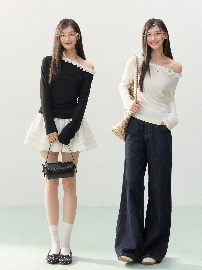 Two models wearing off-shoulder tops styled with a skirt and wide-leg jeans.